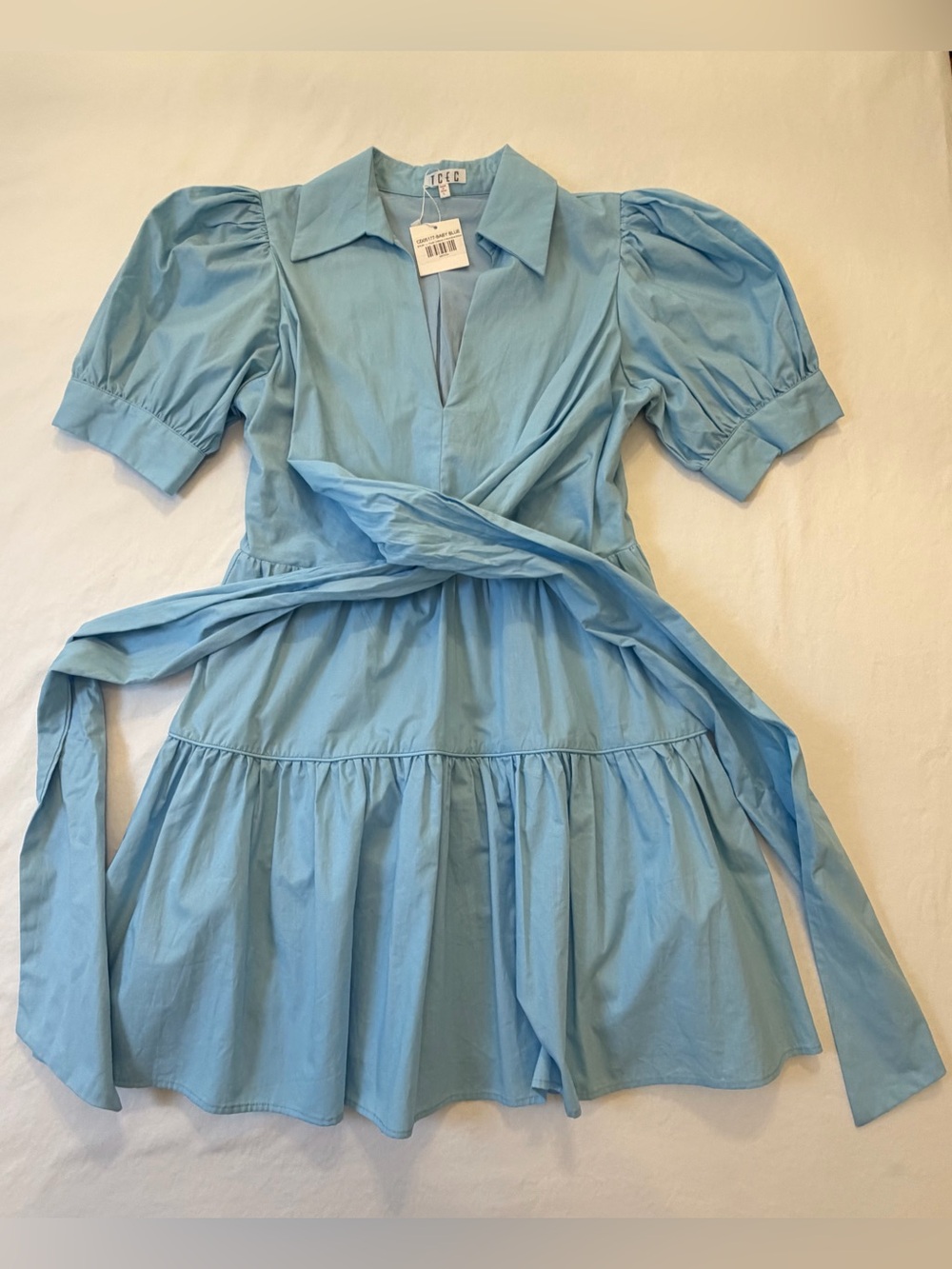 TCEC Poplin Collared V-Neck Bow Dress w/ Puff Sleeves in Light Baby Blue NWT!